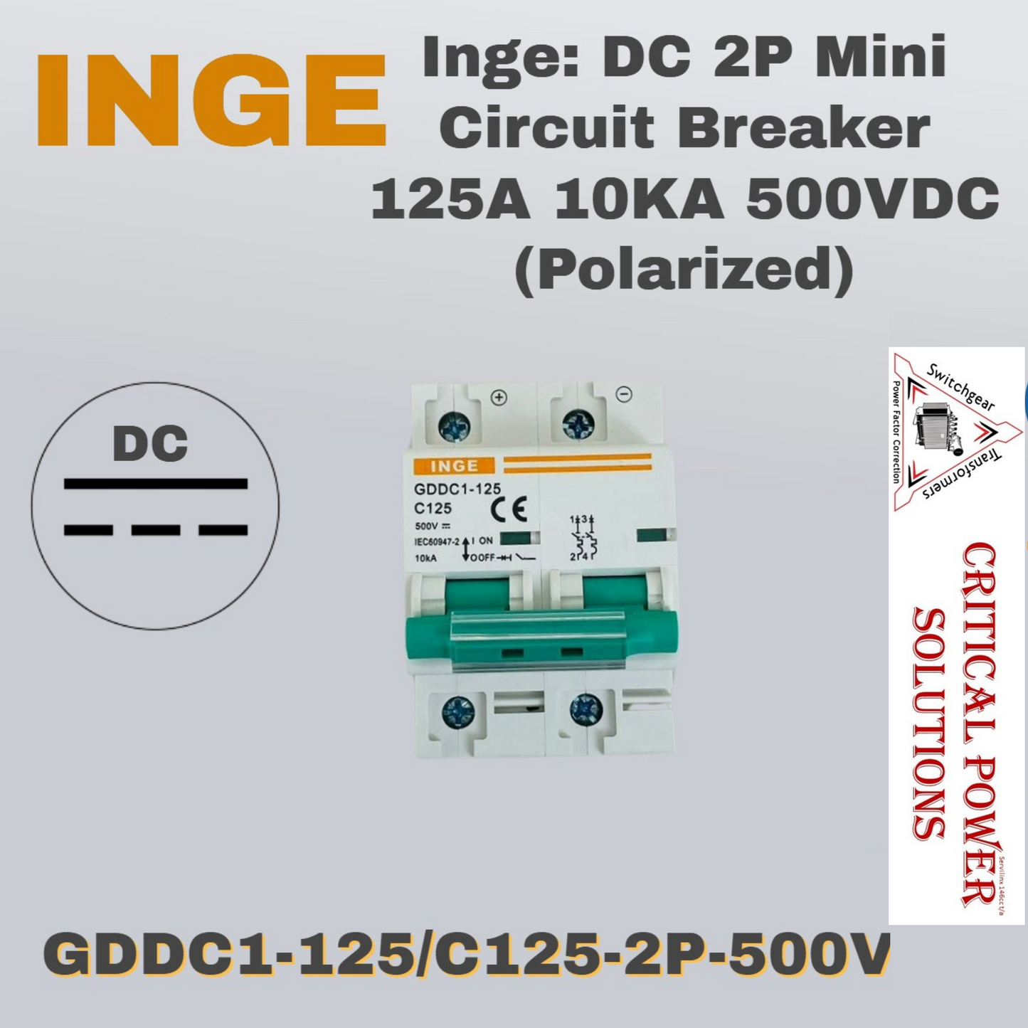 Inge DC 2P Mini Circuit Breaker 125A 10KA 500VDC (Polarized) 100A Circuit Breakers MCB's DC
