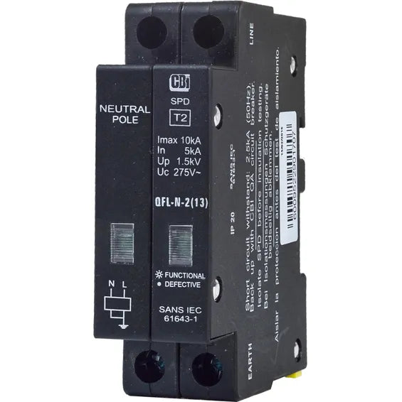 CBI Electric 2-Pole Surge Arrester with 5KA Protection for Residential and Commercial Use CBi QFLN-2(13) Mini Rail Surge Protector with Indication 1P+N 275V (I MAX 10kA) CBI Electric 2 Pole Surge Arrester