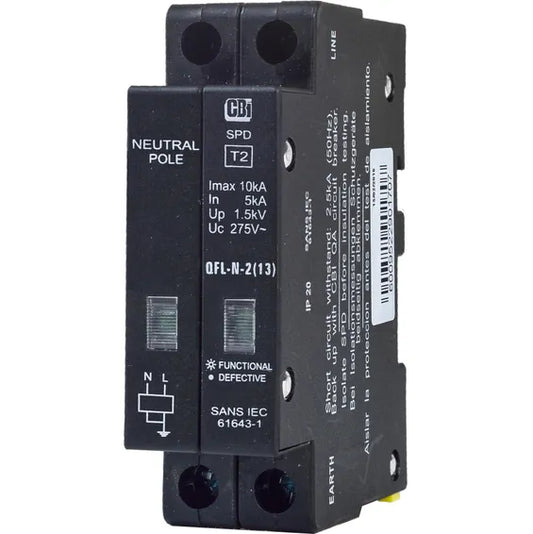 CBI Electric 2-Pole Surge Arrester with 5KA Protection for Residential and Commercial Use CBi QFLN-2(13) Mini Rail Surge Protector with Indication 1P+N 275V (I MAX 10kA) CBI Electric 2 Pole Surge Arrester